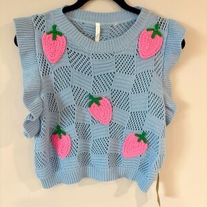 NWT Blue and Pink Strawberry Knit Crochet Top